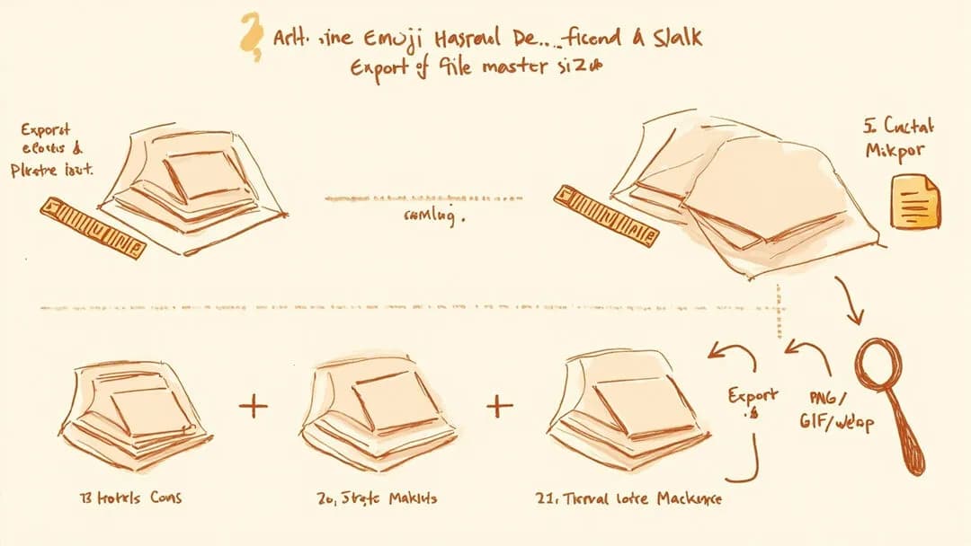 Hand-drawn tutorial showing Slack custom emoji sizes and export steps
