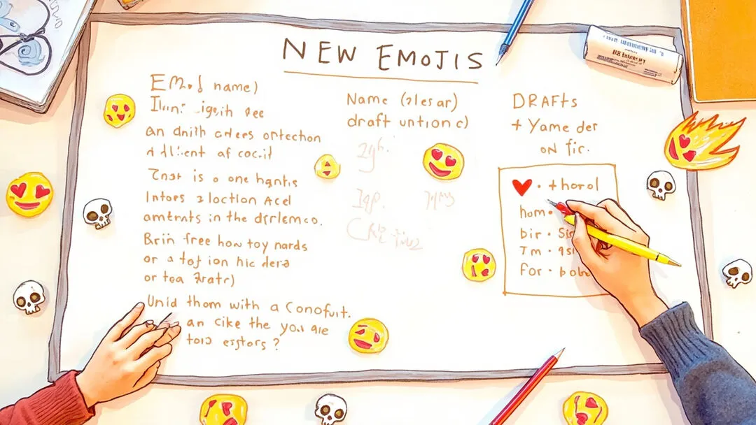 Hand-drawn sketch: naming process for new emoji on a whiteboard